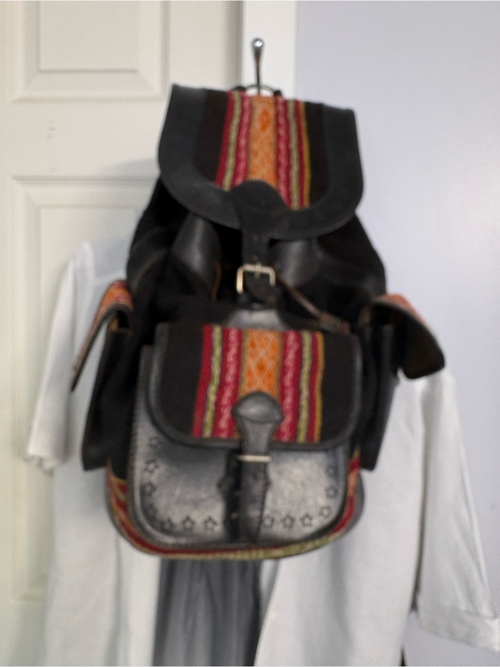 Boho Leather Backpack with Colorful Woven Accent